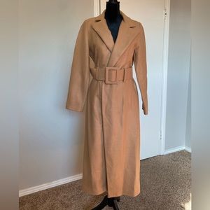 Boohoo Tall Self Fabric Belted Longline Wool coat, New, color Camel, Size S